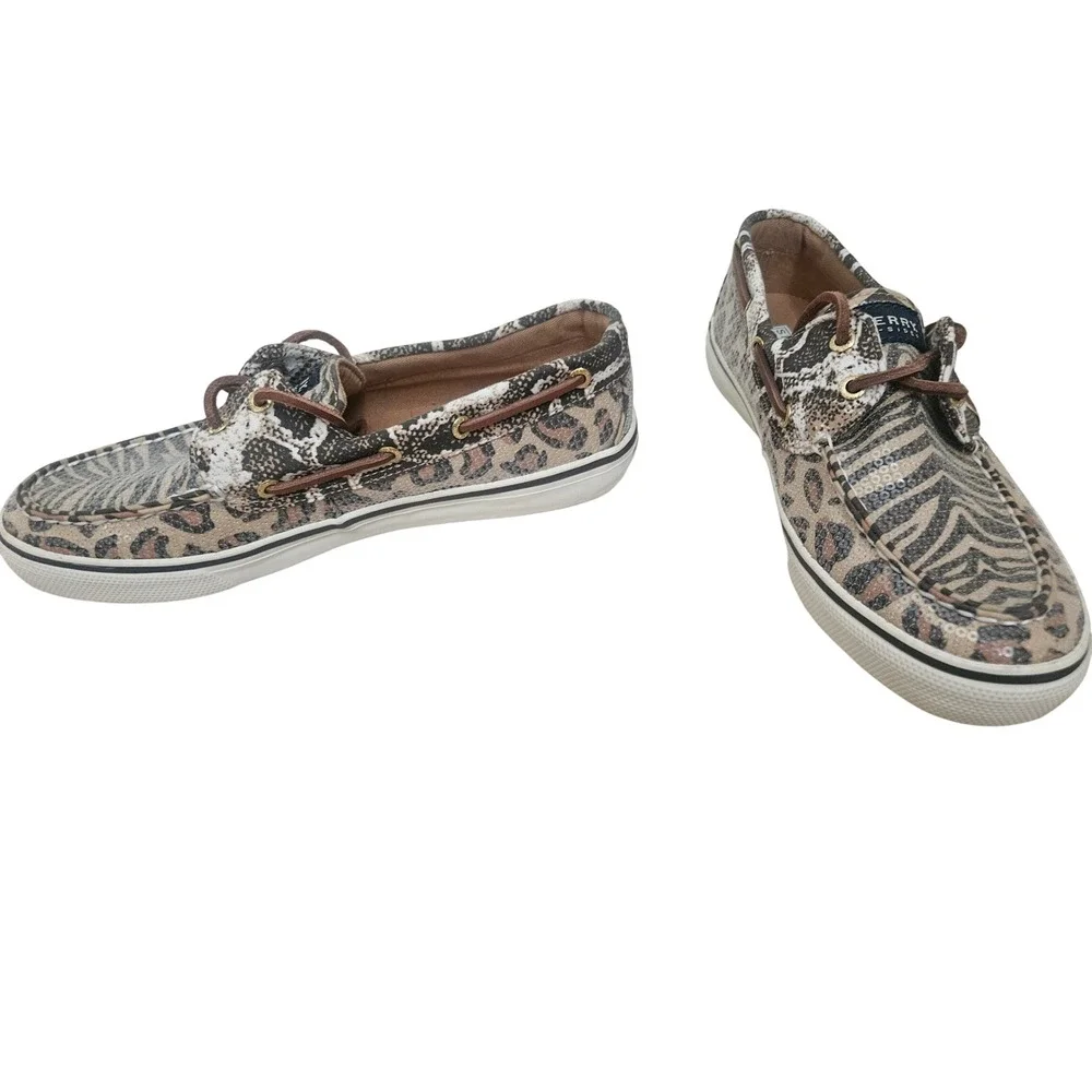 Sperry Bahama Boat Shoes Women 7.5 Brown Animal Print Sequin Mixed Media